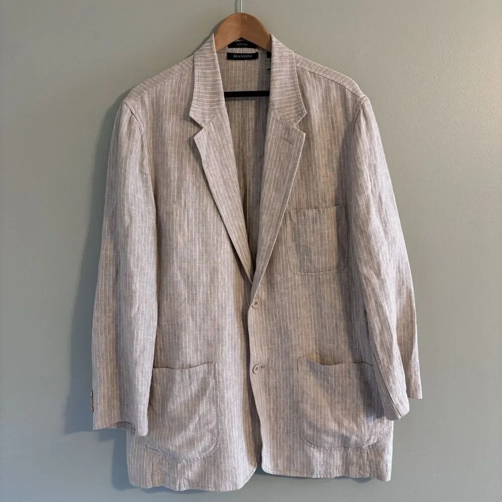 VTG Brandini Men's XL Linen Striped Sport Coat Blazer Jacket Beige Coastal Prep